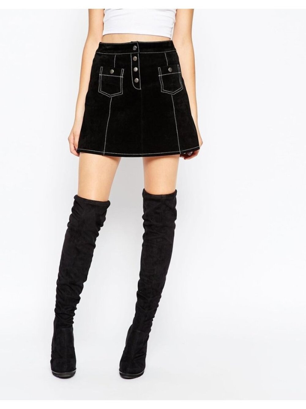 ASOS A-Line Suede Mini Skirt with Contrast Stitch and Button - Size 6 - Picture 1 of 9